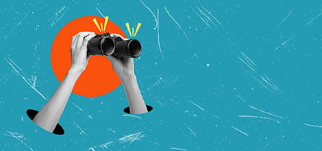 Contemporary collage depicting hands holding binoculars against a blue background